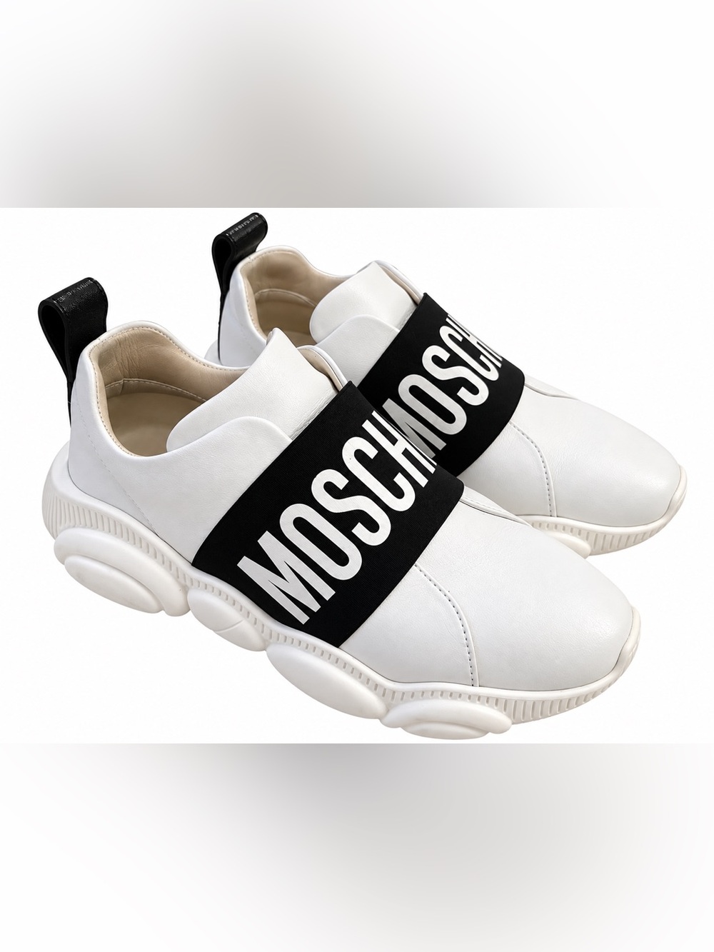 Moschino White Slip-On Sneakers with Black Logo Band